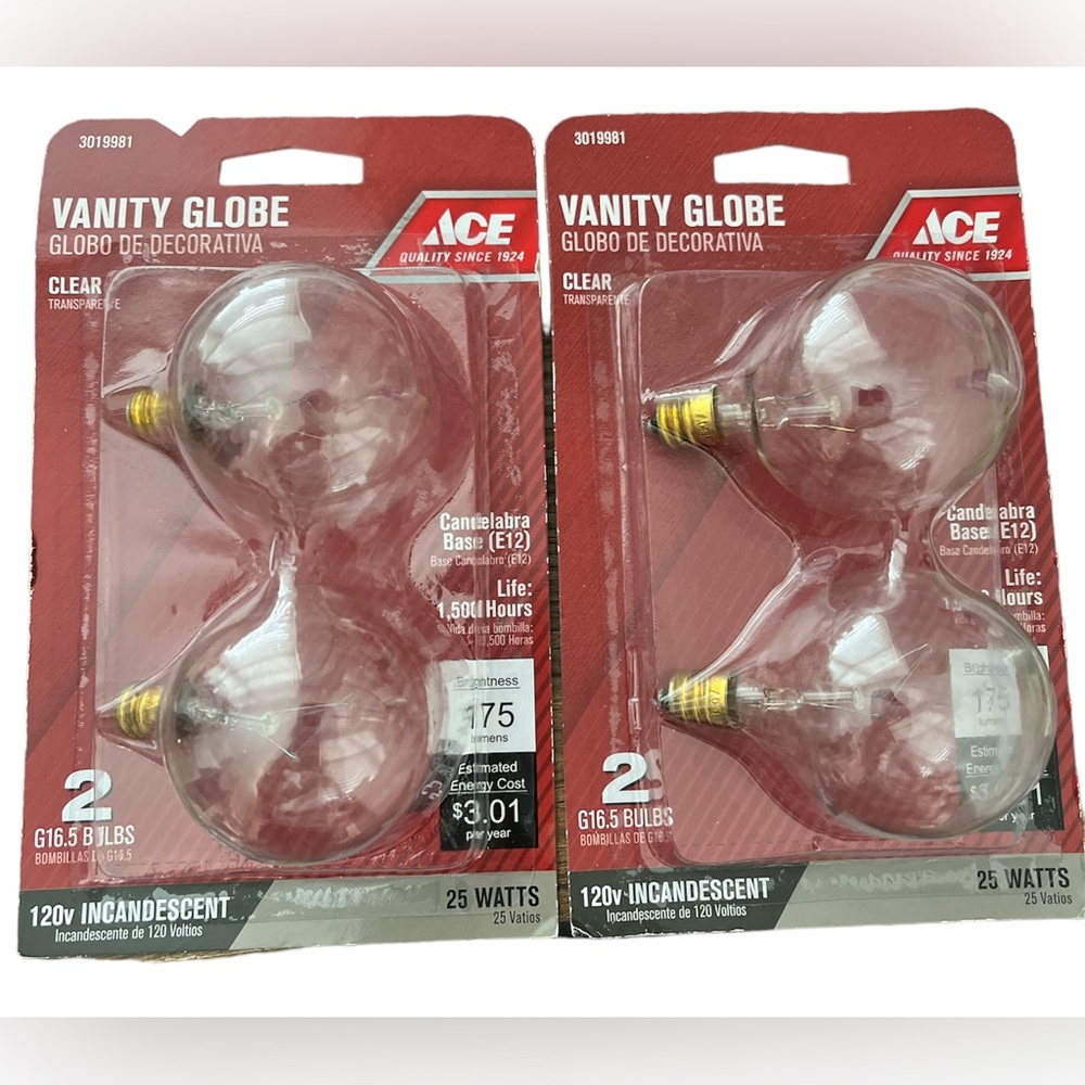 Lot of 2 Packs 4 Bulbs ACE Vanity Globe Candelabra 25 W Clear New